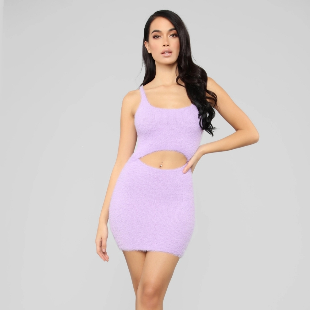 NWT Fashion Nova Fuzzy Lavender Cut Out Dress, Small